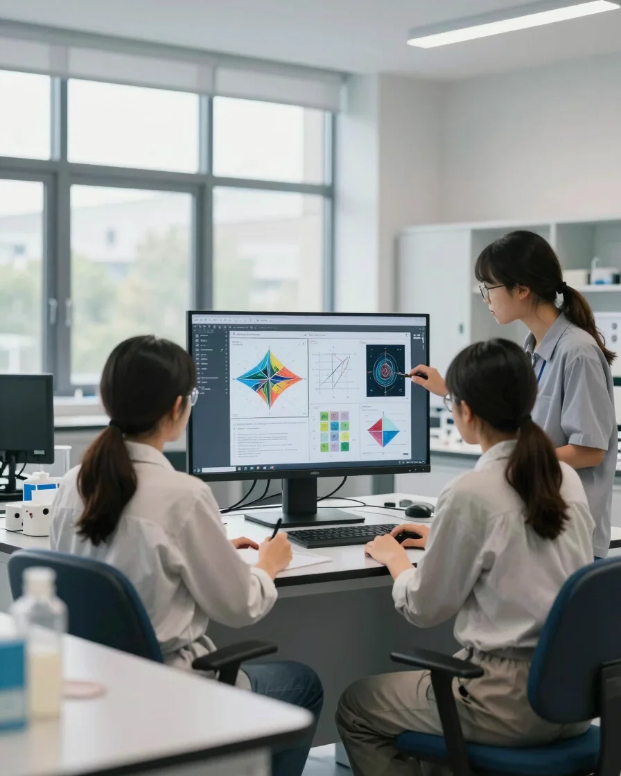 Modern European university research lab with students collaborati