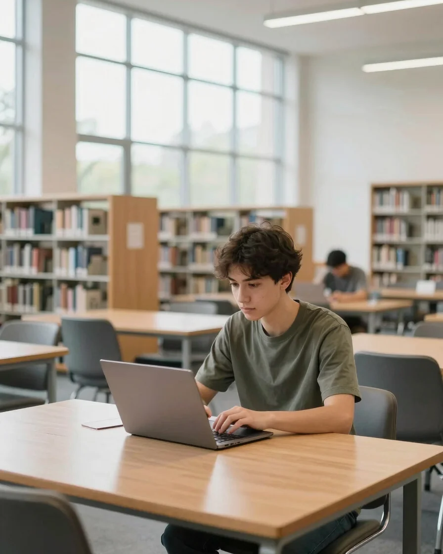 Clean editorial photo of a student working on a laptop at a sleek wooden table in a quiet modern European university cam