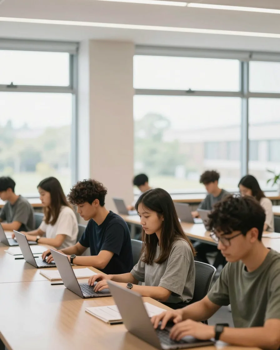 Students working on laptops in a quiet, modern European universit